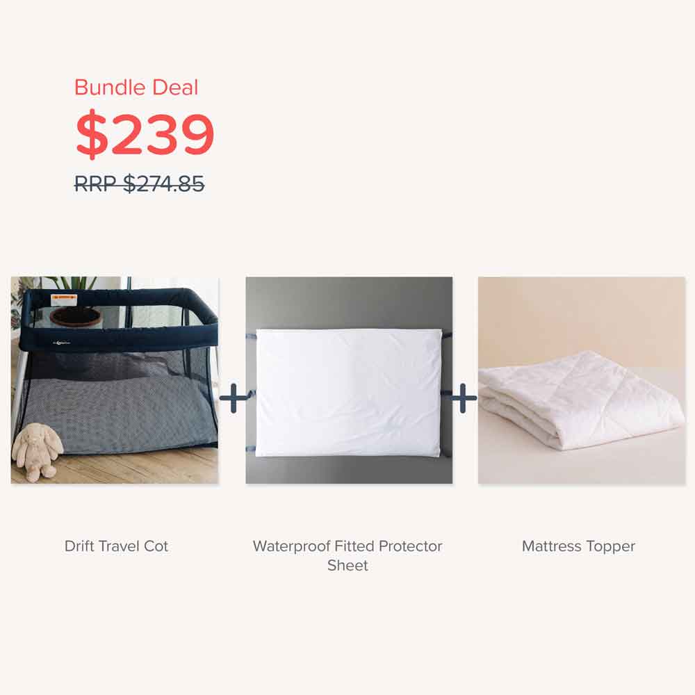 Bundle - Drift Cot, Mattress Topper & Fitted Protector Sheet