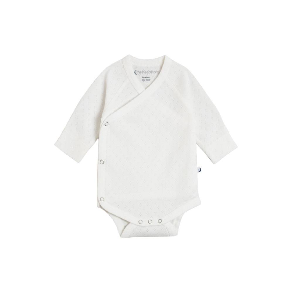 The Sleep Store Organic Cotton Pointelle Kimono Long Sleeve Bodysuit - White
