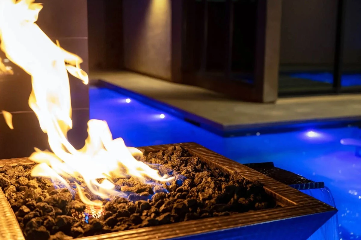 Modern fire bowl with soft evening lighting