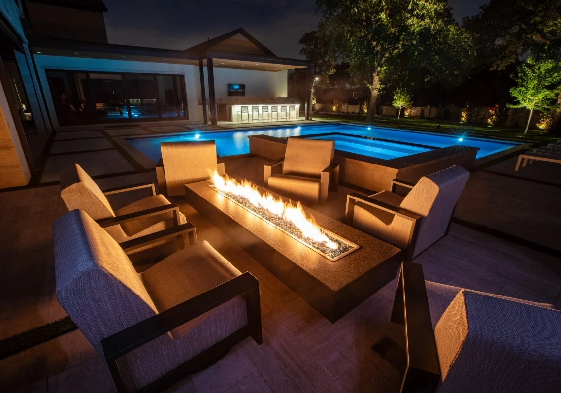 Luxury fire pit in a modern backyard