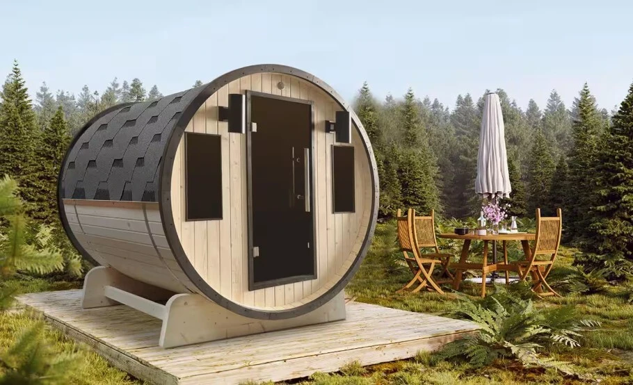 Interior view of a warm wooden sauna