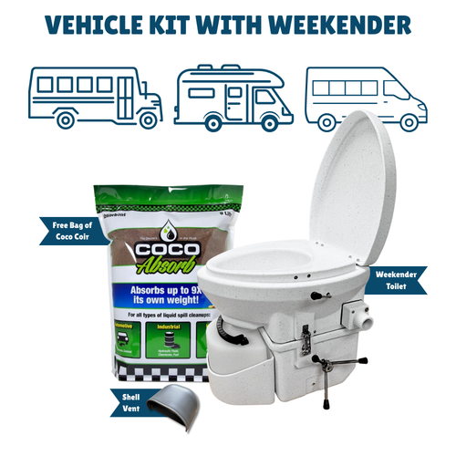 The Vehicle Kit includes the Weekender, Shell Vent and a bag of coco coir for the ideal sanitation solution for small spaces in vans, schoolies and RVs.