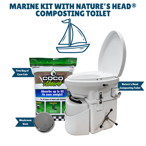 Nature’s Head Marine Kit with composting toilet, mushroom deck vent, and coco coir for boat installation