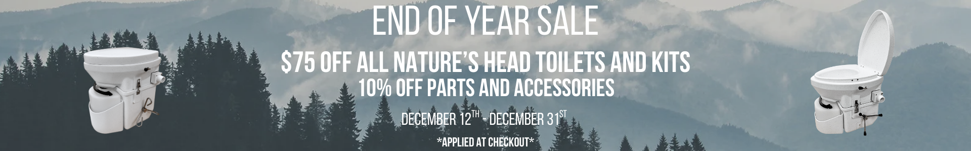 Nature’s Head composting toilet end-of-year sale banner advertising limited-time off-grid toilet discounts.
