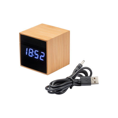 Orologio sveglia e display temperatura a LED bianco, in bambù [22468] 