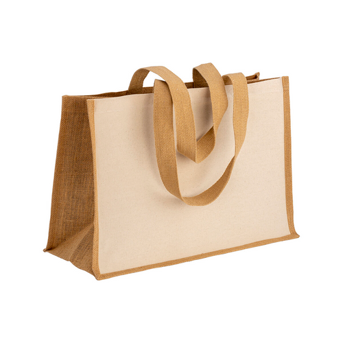 Shopper in cotone 280 g/m2 con soffietto, retro, manici e orlo in juta, manici lunghi [2212522] 