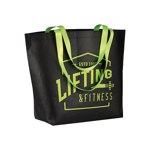 Shopper con soffietto alla base in TNT laminato 100 g/m2 cucito, manici in colore fluo [18115] 