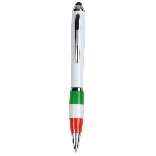 Penna twist in plastica con fusto bianco, impugnatura tricolore e gommino per touch screen [15836] 