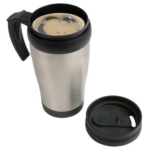 Tazza termica (400ml) in acciaio inox, con interno, manico e tappo in plastica [15432] 