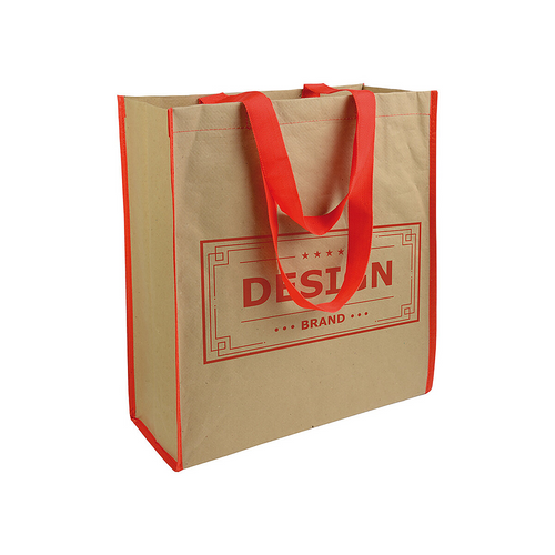 Shopper con soffietto in carta con interno in PP 140 g/m2, manici lunghi a nastro colorati [15115] 