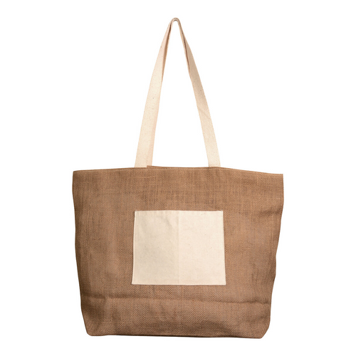 Shopper con soffietto alla base in juta con manici e tasca esterna (18 x 15 cm) in cotone [09149] 