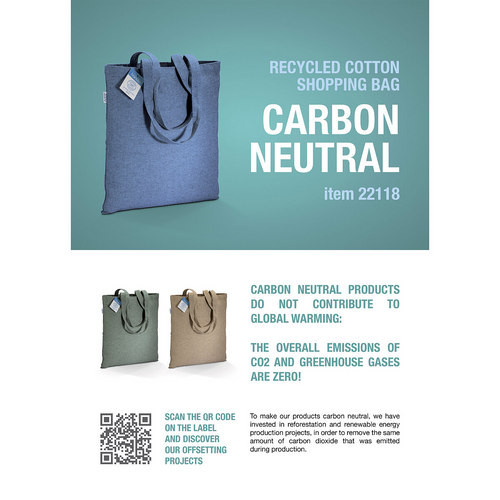 Shopper carbon neutral in cotone riciclato  280 g/m2, manici lunghi [22118] 
