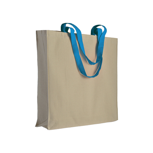 Shopper con soffietto in cotone naturale 220 g/m2, manici lunghi colorati [17107] 