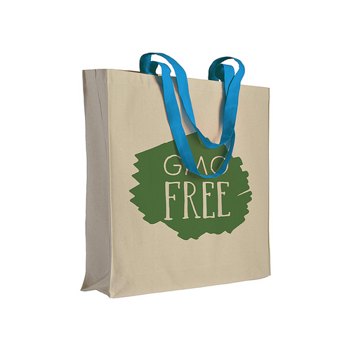 Shopper con soffietto in cotone naturale 220 g/m2, manici lunghi colorati [17107] 