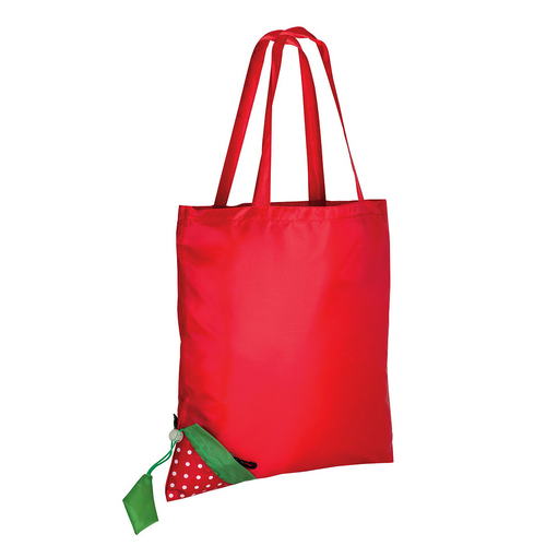 Shopper ripiegabile a forma di fragola in poliestere 190T, con foglia personalizzabile [09169] 