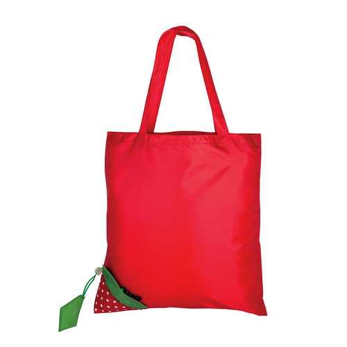 Shopper ripiegabile a forma di fragola in poliestere 190T, con foglia personalizzabile [09169] 