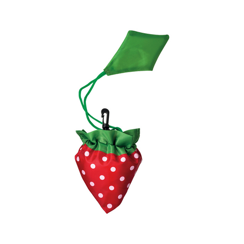 Shopper ripiegabile a forma di fragola in poliestere 190T, con foglia personalizzabile [09169] 
