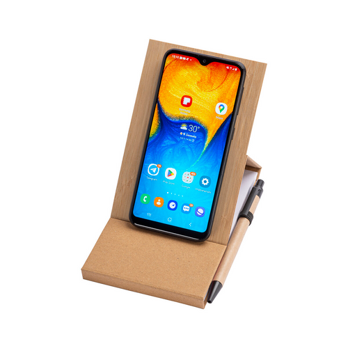 Blocco note con copertina in bambù, penna a sfera e supporto per telefono [24405] 