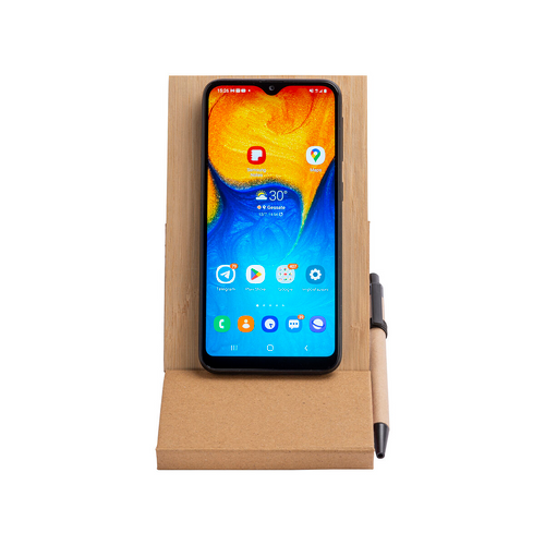 Blocco note con copertina in bambù, penna a sfera e supporto per telefono [24405] 