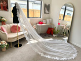 Flower Sequin, Shiny Mantilla Cathedral (3m length) Veil, Ivory or White. Auckland, NZ supplied. Side View Flower Sequin, Shiny Mantilla Cathedral (3m length) Veil, Ivory or White. Auckland, NZ supplied. Side View
