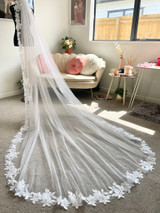 Flower Sequin, Shiny Mantilla Cathedral (3m length) Veil, Ivory or White. Auckland, NZ supplied. Back View Flower Sequin, Shiny Mantilla Cathedral (3m length) Veil, Ivory or White. Auckland, NZ supplied. Back View