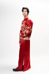 Auckland, NZ buy, supplied. Chinese tea ceremony traditional tang suit and gown. Red & Gold Dragon, Double Happiness embroidery. Changshan, Cheongsam - Side Auckland, NZ buy, supplied. Chinese tea ceremony traditional tang suit and gown. Red & Gold Dragon, Double Happiness embroidery. Changshan, Cheongsam - Side