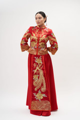 Auckland, NZ. Hire or Rental Gown. Red Wedding Dress. Chinese Tea Ceremony Traditional Phoenix Red & Gold 2 Piece Gown Qun Kwa, Qipao, Cheongsam - Front View Auckland, NZ. Hire or Rental Gown. Red Wedding Dress. Chinese Tea Ceremony Traditional Phoenix Red & Gold 2 Piece Gown Qun Kwa, Qipao, Cheongsam - Front View