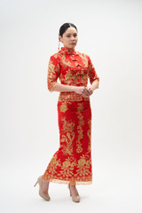 Auckland, NZ hire, rental rent wedding gown, dresses. Tea ceremony traditional 2 piece phoenix, flower, floral gold & red Qun Kwa, Cheongsam, Qipao - Front View Auckland, NZ hire, rental rent wedding gown, dresses. Tea ceremony traditional 2 piece phoenix, flower, floral gold & red Qun Kwa, Cheongsam, Qipao - Front View