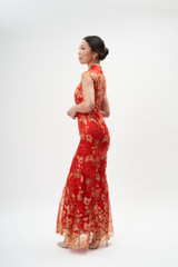 Auckland, NZ. Rent, rental hire tea ceremony wedding dress, gown. Mermaid, Trumpet Red & gold sequin cheongsam, qipao. Floral, flower, rose, petal patten - Side View Auckland, NZ. Rent, rental hire tea ceremony wedding dress, gown. Mermaid, Trumpet Red & gold sequin cheongsam, qipao. Floral, flower, rose, petal patten - Side View