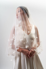 Auckland, NZ.  3D Floral, Rose, Petal Flower Blusher Ivory or White Fingertip Veil.  Side View Auckland, NZ.  3D Floral, Rose, Petal Flower Blusher Ivory or White Fingertip Veil.  Side View