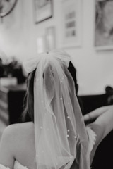 Auckland, NZ.  Cute White Ivory Pearl Bow Tie Veil.  Hens party ideas, bachelorette accessories - Full View