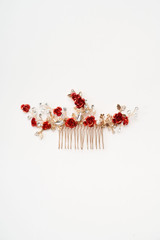 Auckland, NZ. Red & Gold, Flower, Floral & Leaf Rose Haircomb - Wedding Hairstyle, Bridal Accessories - Full Shot Auckland, NZ. Red & Gold, Flower, Floral & Leaf Rose Haircomb - Wedding Hairstyle, Bridal Accessories - Full Shot