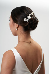 Auckland, NZ. White & Gold Floral Pearl Hairpins - Zoomed In, Wedding Hairstyle, Bridal Accessories - Hair Shot Auckland, NZ. White & Gold Floral Pearl Hairpins - Zoomed In, Wedding Hairstyle, Bridal Accessories - Hair Shot