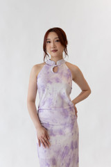 Elegant halter cheongsam in lilac showing collarbone with grass and floral details.  Great for cultural, wedding, special occasions