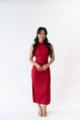 Red cheongsam, qipao with Mandarin collar, for cultural events, special occasions or weddings, tea ceremony, floral red, rose