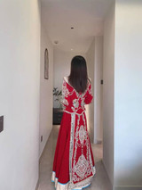 Preloved Chinese Qun Kwa wedding attire set – red and gold embroidered bride’s traditional qunkwa and groom’s suit. Perfect for tea ceremonies, weddings, and photoshoots