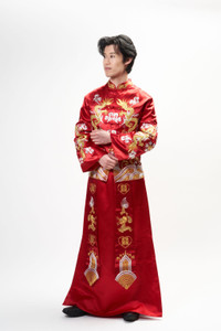 Auckland, NZ buy, supplied. Chinese tea ceremony traditional tang suit and gown. Red & Gold Dragon, Double Happiness embroidery. Changshan, Cheongsam - Front Auckland, NZ buy, supplied. Chinese tea ceremony traditional tang suit and gown. Red & Gold Dragon, Double Happiness embroidery. Changshan, Cheongsam - Front