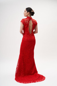 Auckland, NZ hire, rental, rent wedding dress, gown. Tea Ceremony Modern Sexy Open Backless, Back Floral Lace, Red Dress, A Line Cheongsam, Qipao. Chinese Culture - Back View Auckland, NZ hire, rental, rent wedding dress, gown. Tea Ceremony Modern Sexy Open Backless, Back Floral Lace, Red Dress, A Line Cheongsam, Qipao. Chinese Culture - Back View