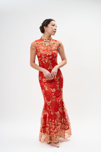 Auckland, NZ. Rent, rental hire tea ceremony wedding dress, gown. Mermaid, Trumpet Red & gold sequin cheongsam, qipao. Floral, flower, rose, petal patten - Front View Auckland, NZ. Rent, rental hire tea ceremony wedding dress, gown. Mermaid, Trumpet Red & gold sequin cheongsam, qipao. Floral, flower, rose, petal patten - Front View
