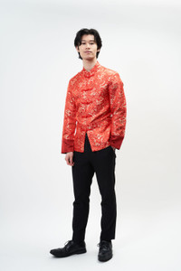 Auckland, NZ. Hire or Rental Gown. Chinese, Asian Wedding Tea Ceremony - Modern & Traditional Red Dragon Han Jacket | Tang Suit - Front Auckland, NZ. Hire or Rental Gown. Chinese, Asian Wedding Tea Ceremony - Modern & Traditional Red Dragon Han Jacket | Tang Suit - Front