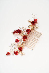 Auckland, NZ. Red & Gold, Flower, Floral & Leaf Rose Haircomb - Wedding Hairstyle, Bridal Accessories Auckland, NZ. Red & Gold, Flower, Floral & Leaf Rose Haircomb - Wedding Hairstyle, Bridal Accessories