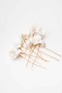 Auckland, NZ. White & Gold Floral Pearl Hairpins - Zoomed In, Wedding Hairstyle, Bridal Accessories - Hair Shot Auckland, NZ. White & Gold Floral Pearl Hairpins - Zoomed In, Wedding Hairstyle, Bridal Accessories - Hair Shot