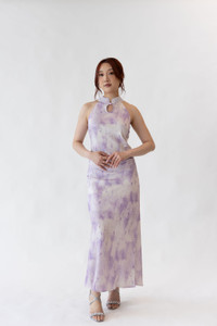 Elegant halter cheongsam in lilac showing collarbone with grass and floral details.  Great for cultural, wedding, special occasions
