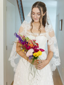 Auckland NZ.  Traditional Flower Lace, Spanish Cathedral Mantilla Ivory Veil.  Floral, Flower, Leaves, Leaf, Back View