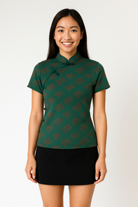 emerald green qipao top, green cheongsam blouse, floral mandarin collar top, Asian inspired shirt NZ, casual qipao top for women, Chinese style blouse size 8–12 (adjust to your sizing).