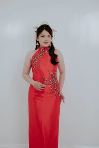 Red cheongsam qipao wedding dress with 3D floral embroidery, Bridal Fusion NZ