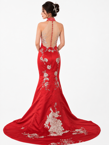 Full back view of red satin mermaid cheongsam with cathedral train featuring white peacock and floral embroidery – Bridal Fusion NZ