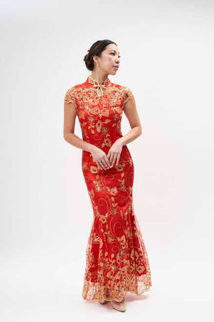 Auckland, NZ buy.  Tea ceremony wedding dress, gown.  Mermaid, Trumpet Red & gold sequin cheongsam, qipao.  Floral, flower, rose, petal patten - Front View