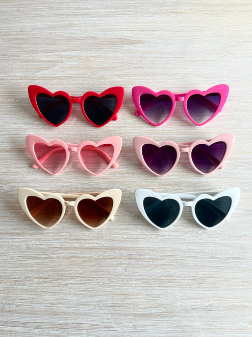 Trendy Heart Sunglasses for Bachelorette, Hens or Costume Theme Parties.  Red, pink, light pink, hot pink, beige and white sunglasses.  Wedding, bridal wear, accessories.