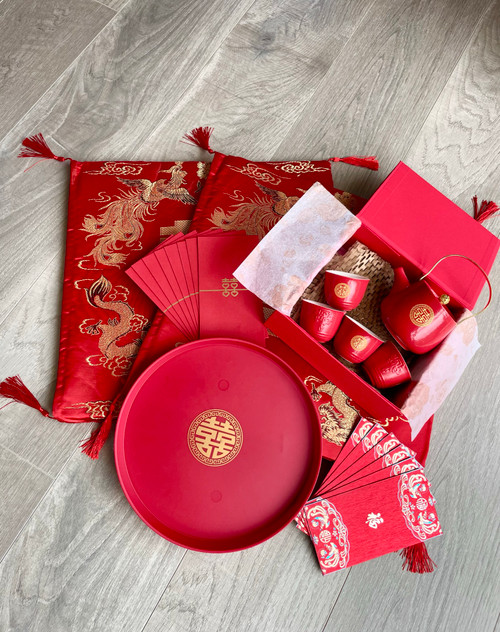 Ultimate Wedding Tea Set.  Chinese, Vietnamese, Asian Wedding Tea Ceremony.  Teacups, Tea tray, red envelopes, hongbao, kneeling cushions,